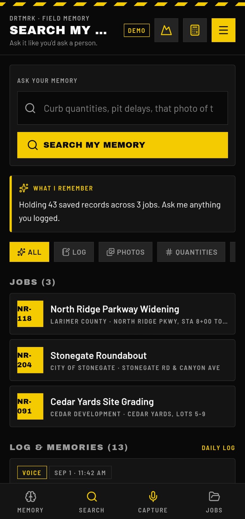 DRTMRK search screen listing jobs, logs and memories