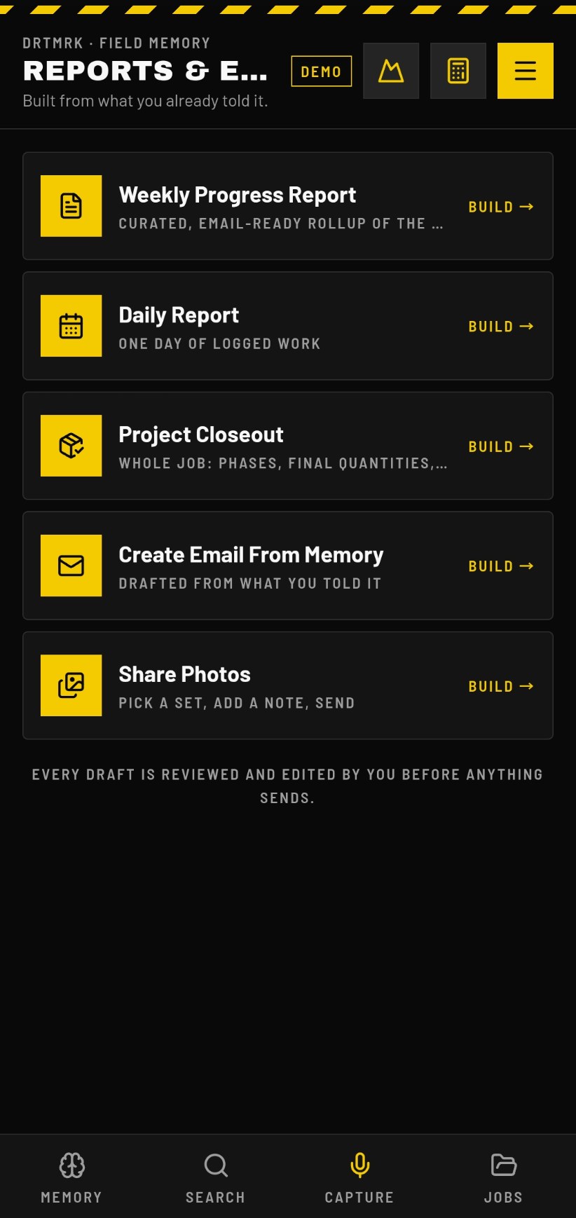 DRTMRK reports screen with weekly, daily and closeout report builders