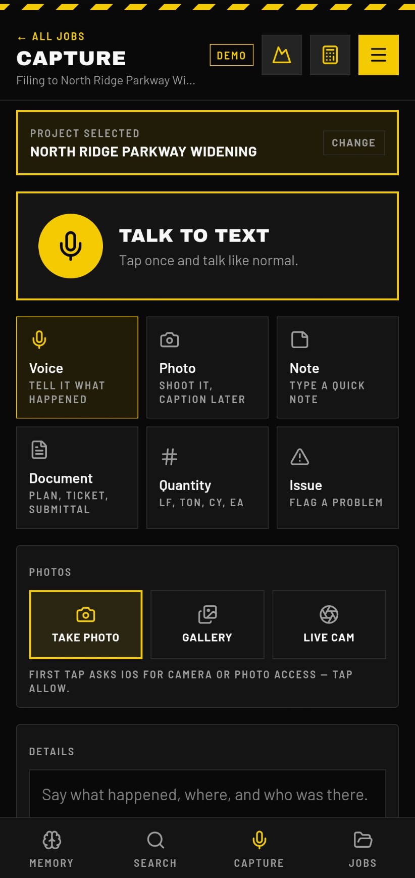 DRTMRK capture screen with voice, photo, note, document, quantity and issue options